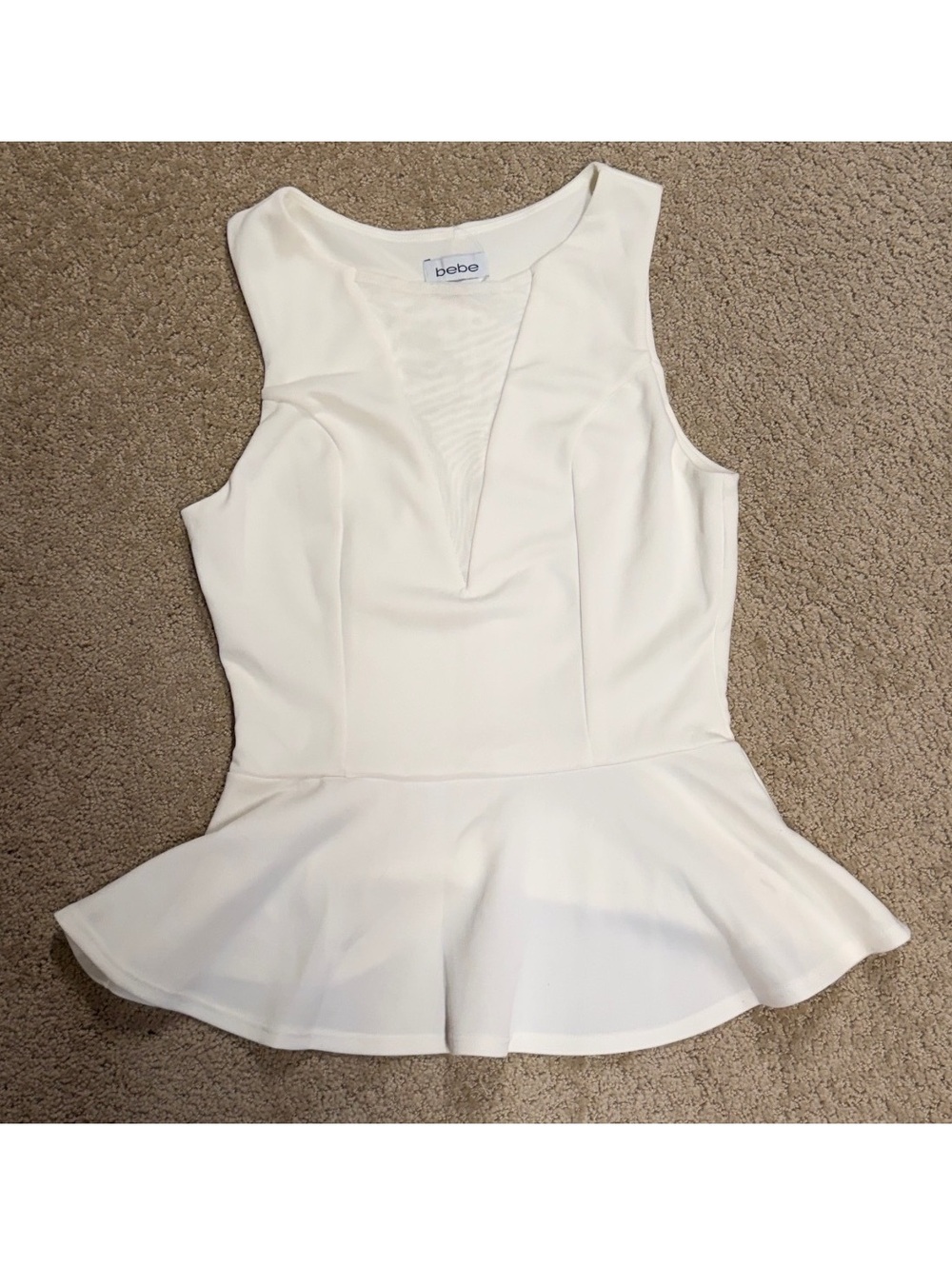 Bebe White Mesh Inset Peplum Top Medium Made in USA
